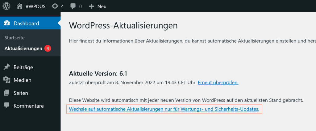 Screenshot auf wpdus.de WP-Admin